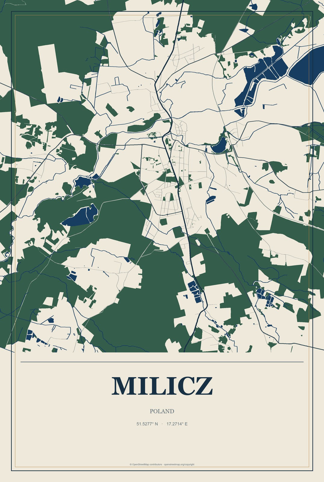 Milicz, Poland City Map Aluminum Sign in Coastal Cutout style