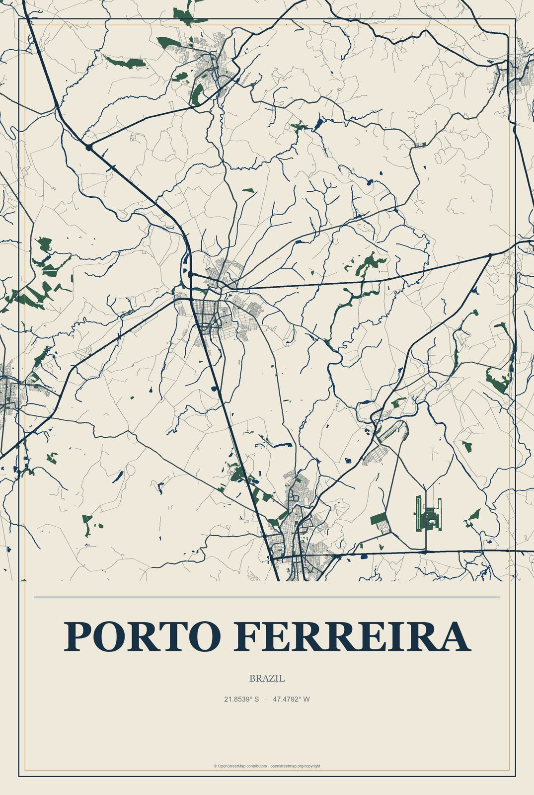 Porto Ferreira, Brazil City Map Aluminum Sign in Coastal Cutout style