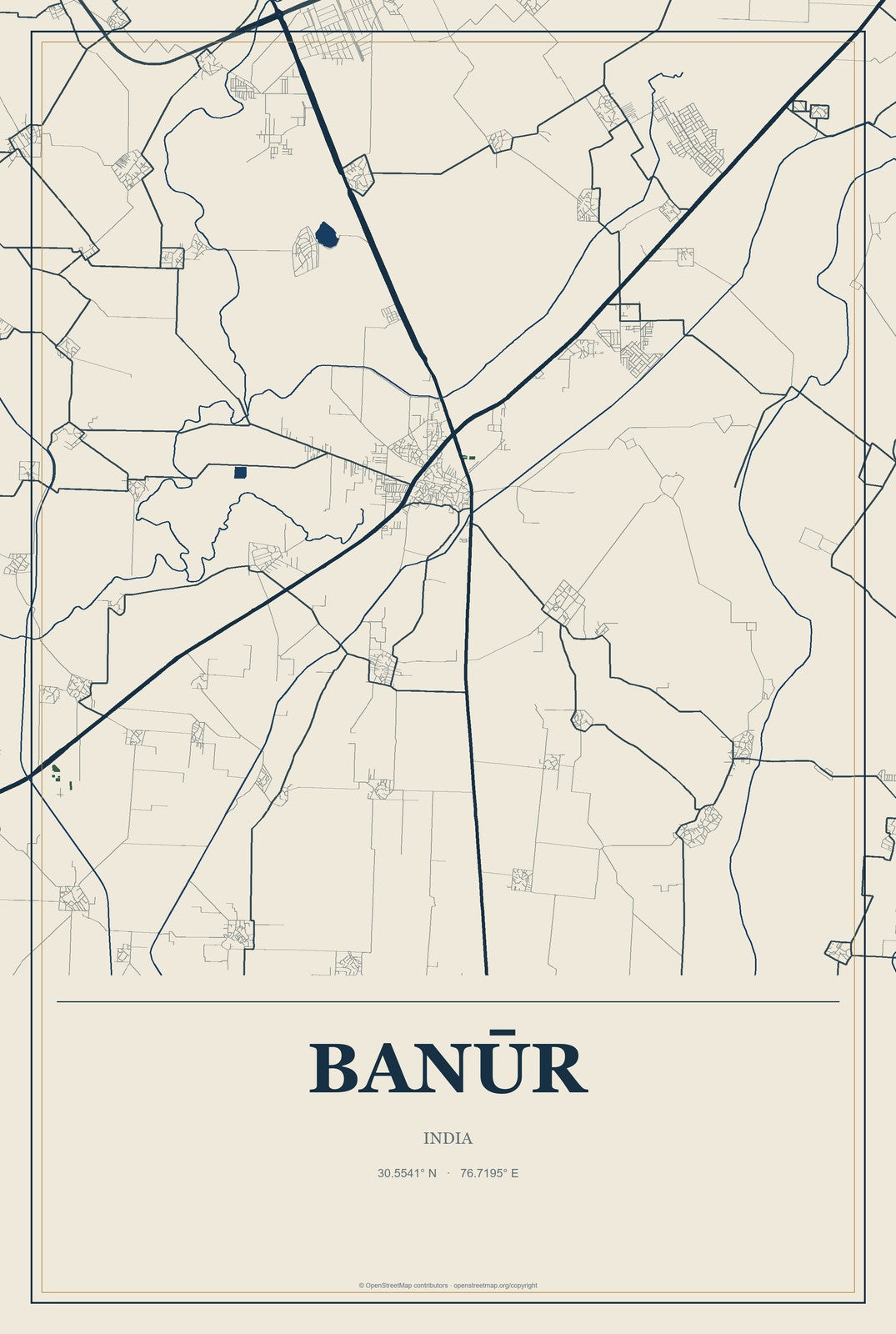 Banūr, India City Map Aluminum Sign in Coastal Cutout style