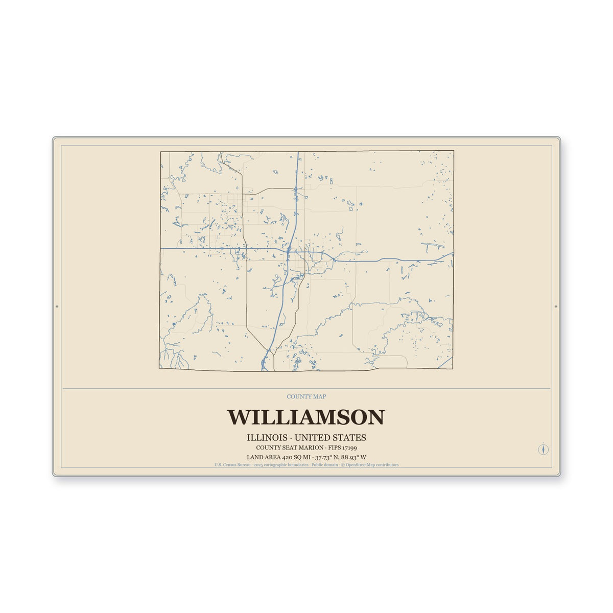 Williamson County, Illinois Map Aluminum Sign in Heritage Nautical style