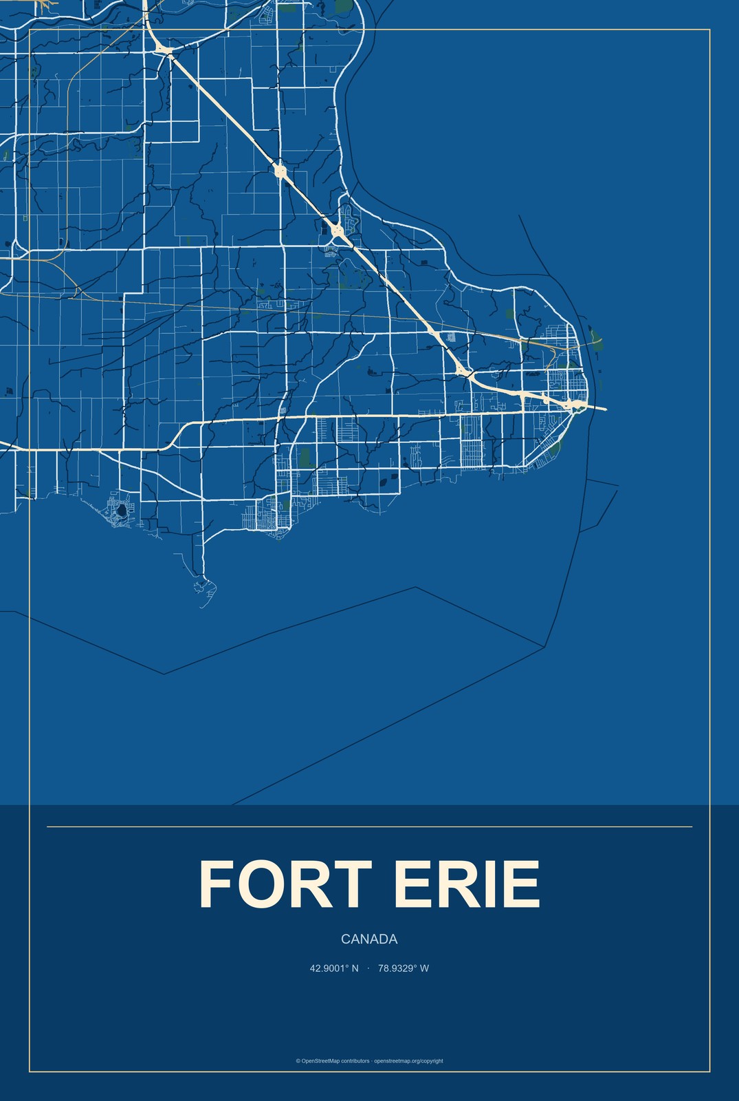 Fort Erie, Canada City Map Aluminum Sign in Harbor Cobalt style