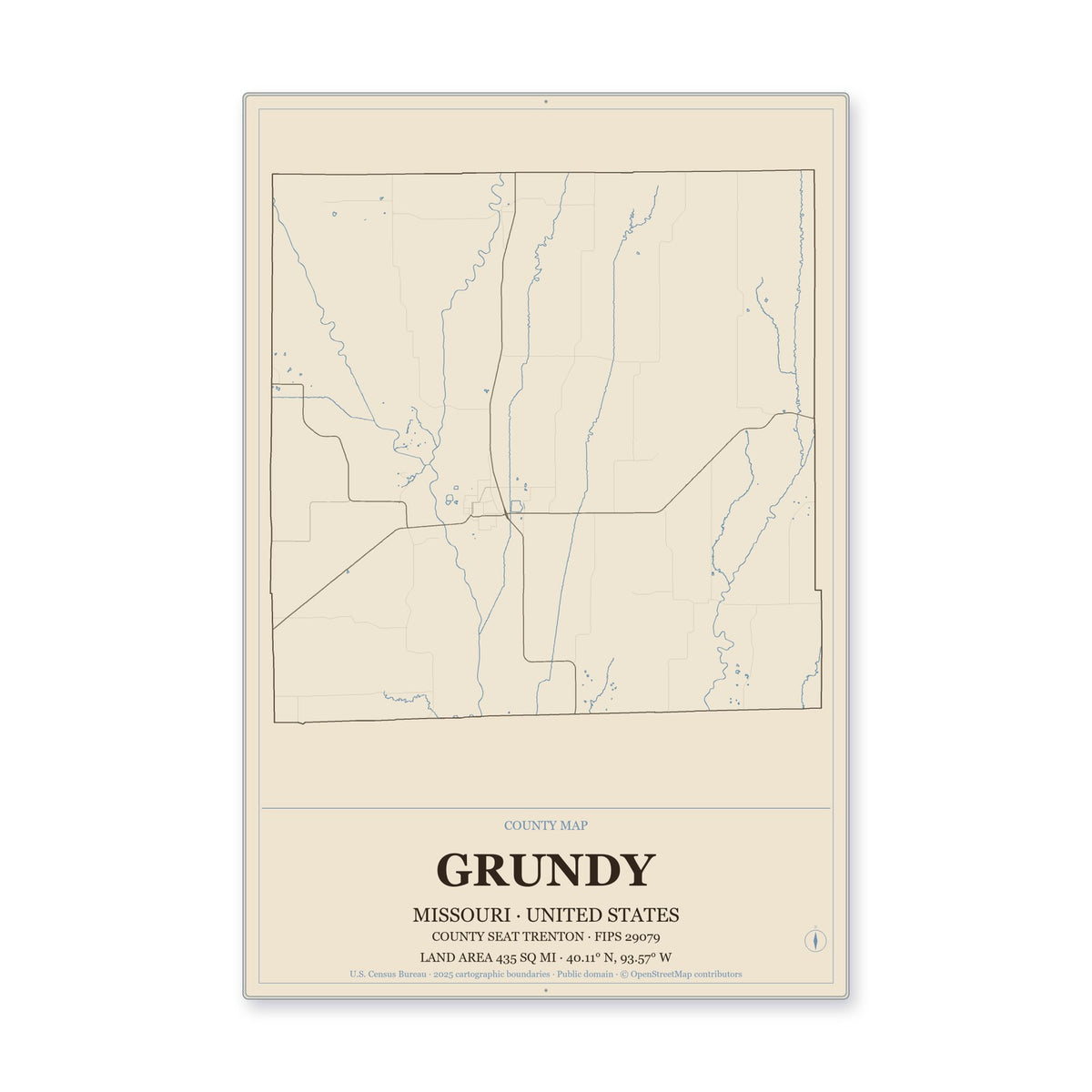 Grundy County, Missouri Map Aluminum Sign in Heritage Nautical style