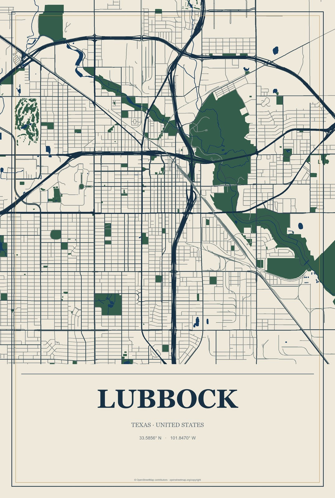 Lubbock, Texas City Map Aluminum Sign in Coastal Cutout style