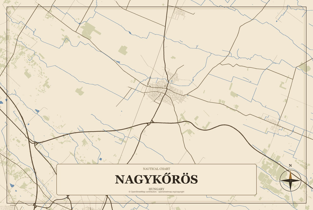 Nagykőrös, Hungary City Map Aluminum Sign in Heritage Nautical style