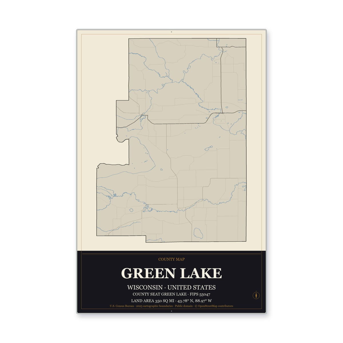 Green Lake County, Wisconsin Map Aluminum Sign in Museum Plaque style