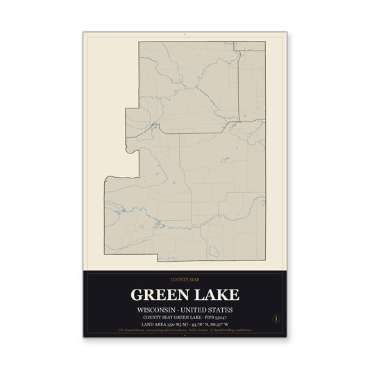 Green Lake County, Wisconsin Map Aluminum Sign in Museum Plaque style
