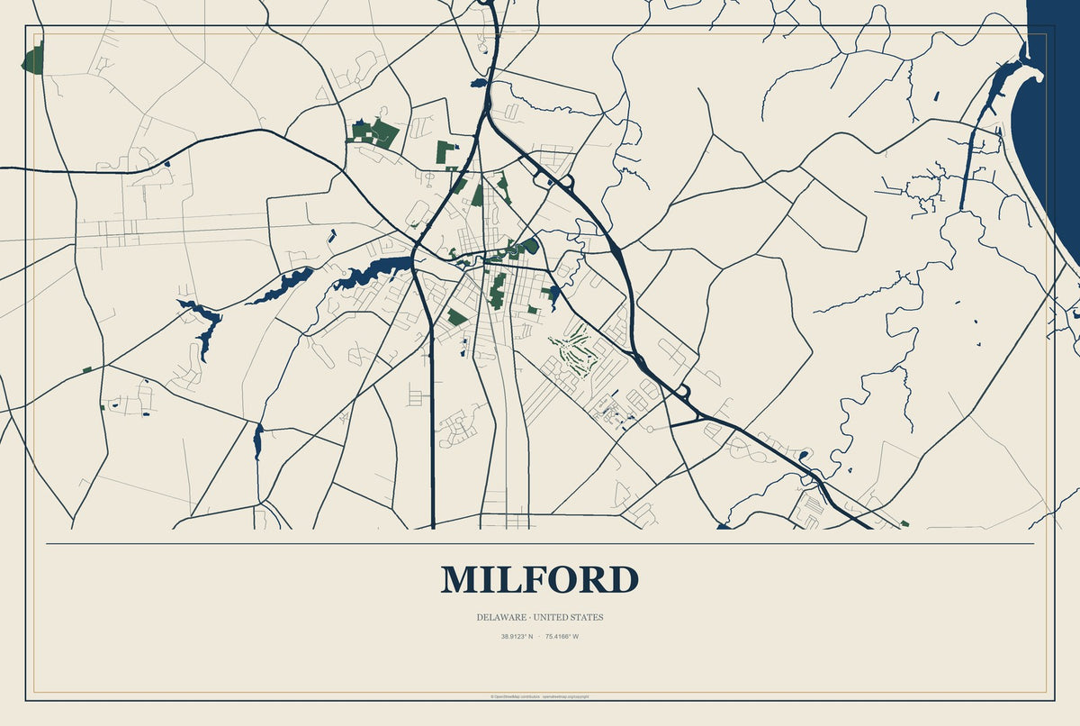 Milford, Delaware City Map Aluminum Sign in Coastal Cutout style
