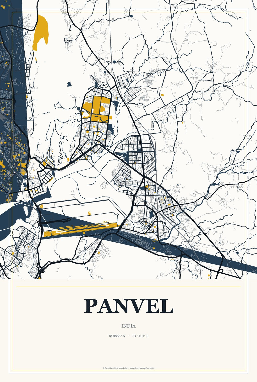 Panvel, India City Map Aluminum Sign in Citrine Modern style