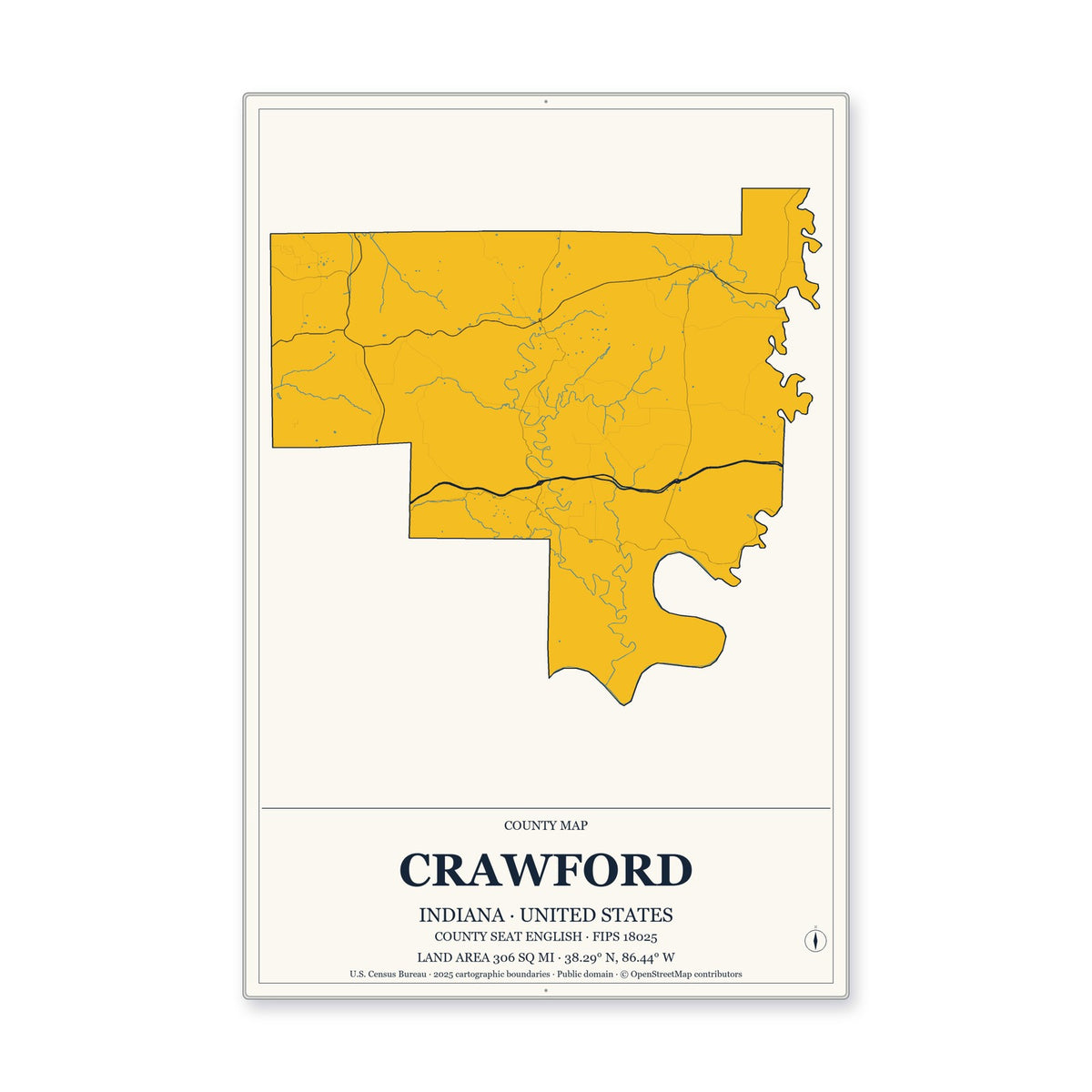 Crawford County, Indiana Map Aluminum Sign in Citrine Modern style