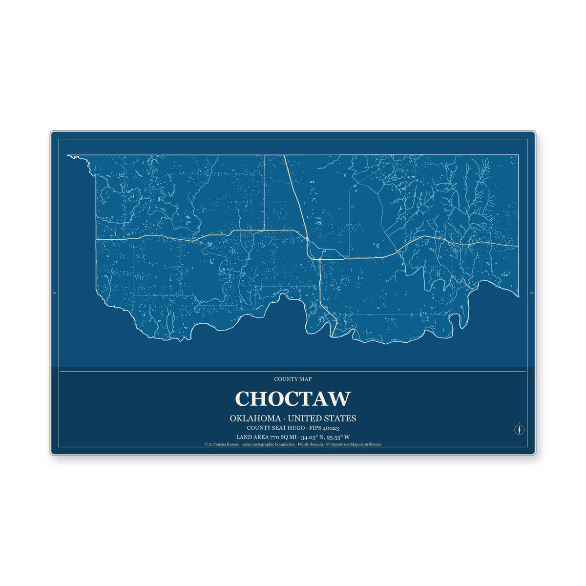 Choctaw County, Oklahoma Map Aluminum Sign in Harbor Cobalt style