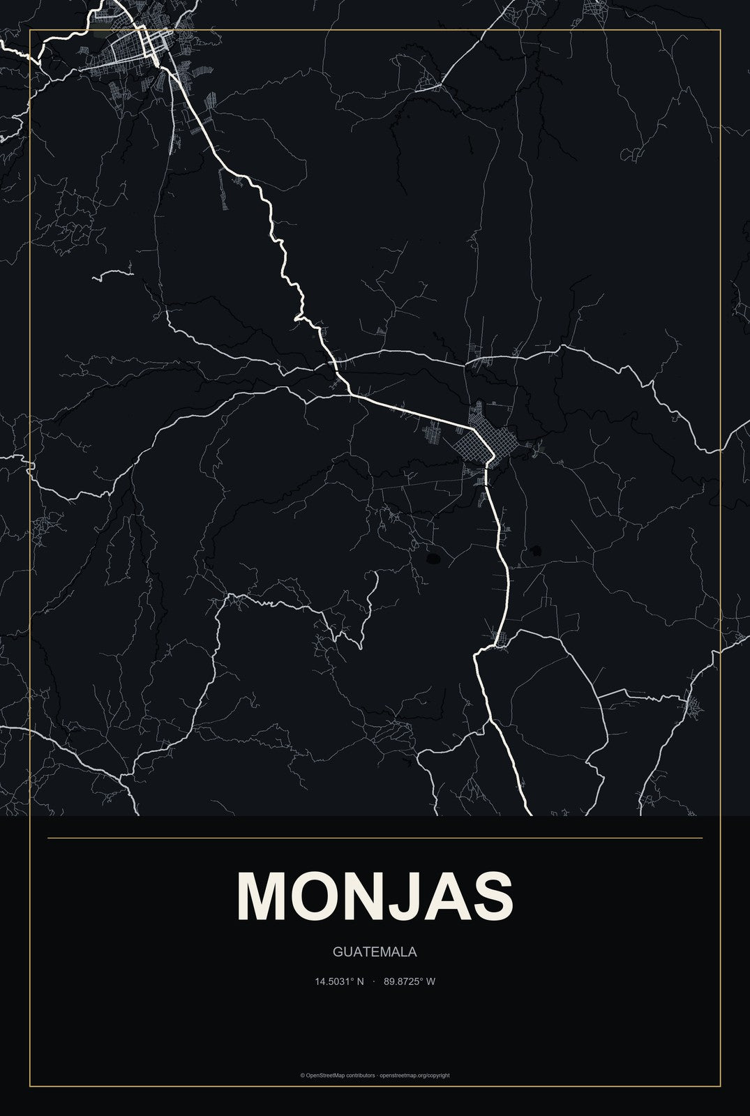 Monjas, Guatemala City Map Aluminum Sign in Metropolitan Noir style