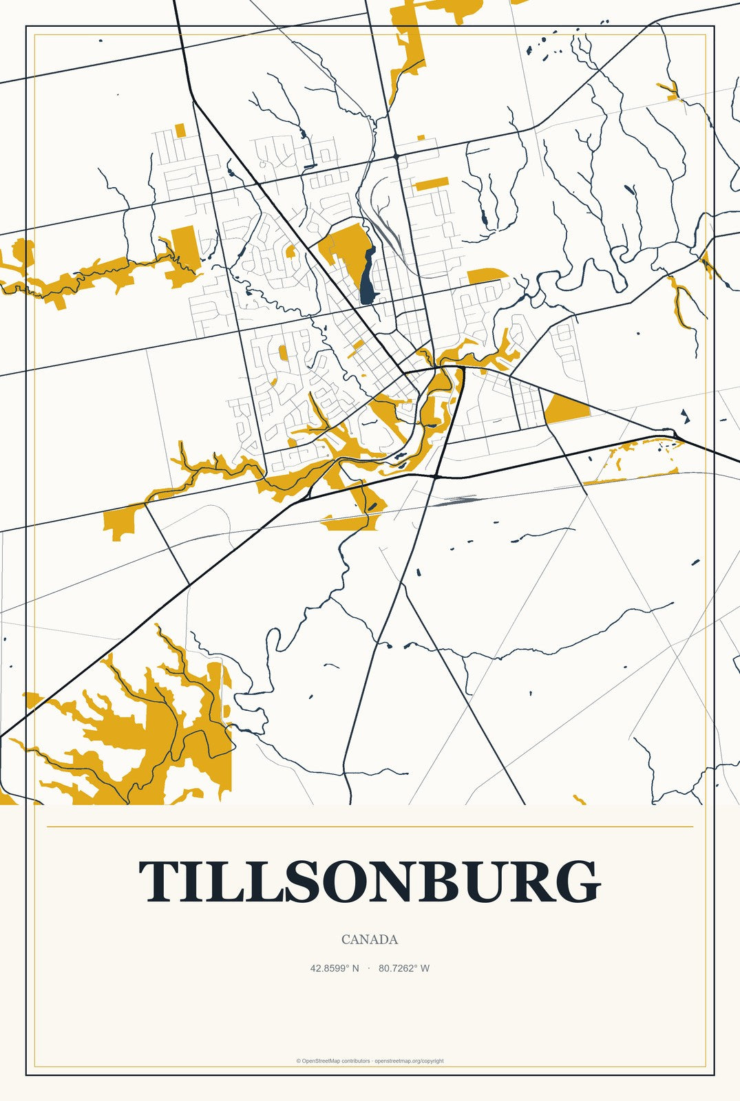 Tillsonburg, Canada City Map Aluminum Sign in Citrine Modern style