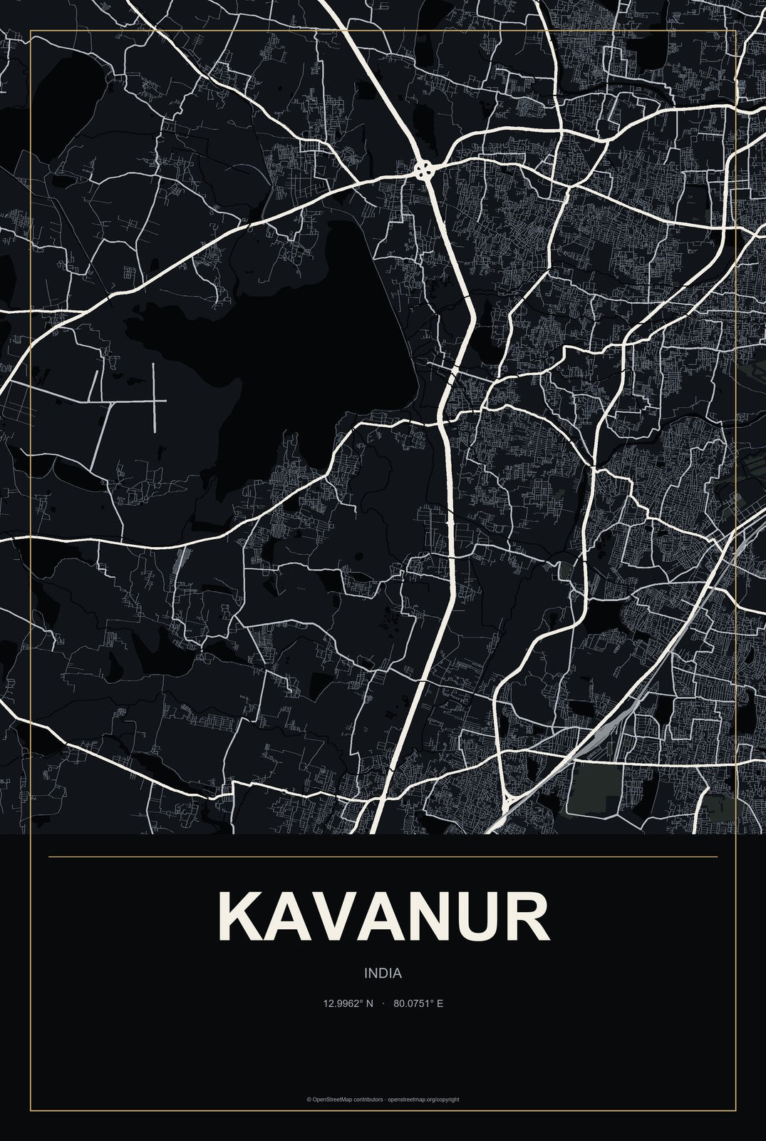 Kavanur, India City Map Aluminum Sign in Metropolitan Noir style