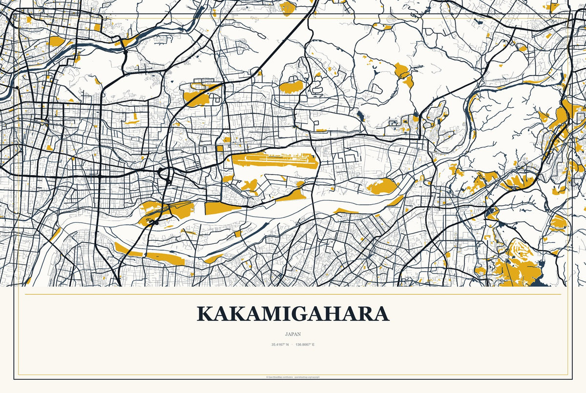 Kakamigahara, Japan City Map Aluminum Sign in Citrine Modern style