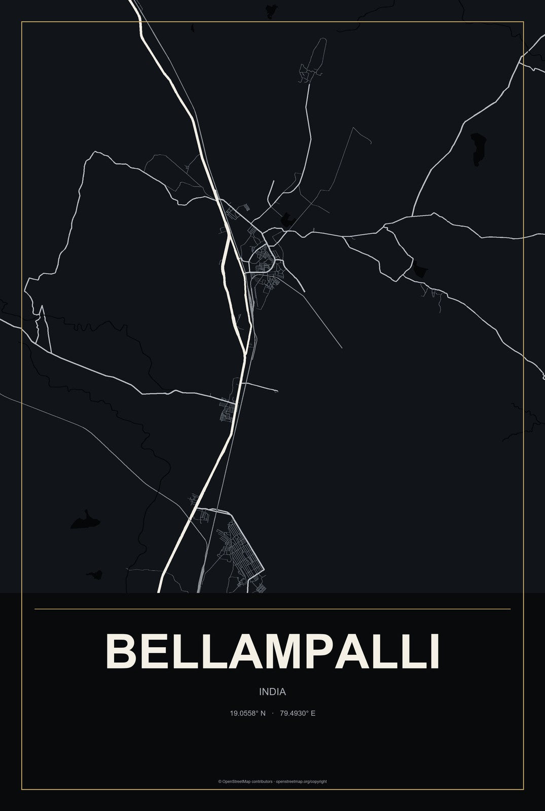 Bellampalli, India City Map Aluminum Sign in Metropolitan Noir style
