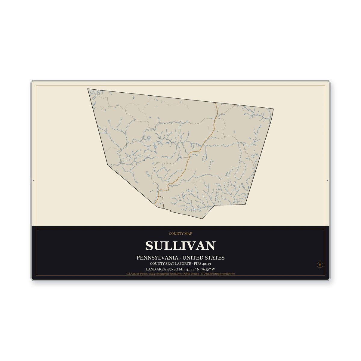 Sullivan County, Pennsylvania Map Aluminum Sign in Museum Plaque style