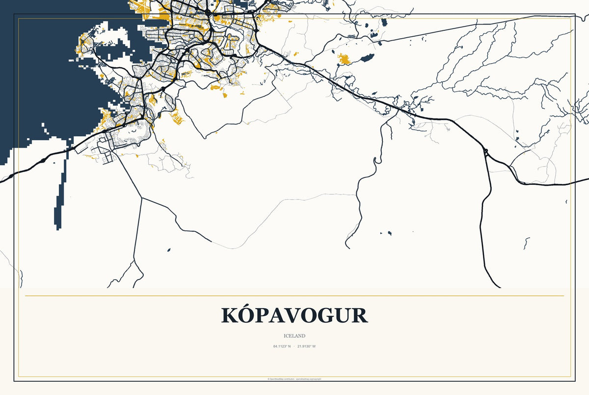Kópavogur, Iceland City Map Aluminum Sign in Citrine Modern style