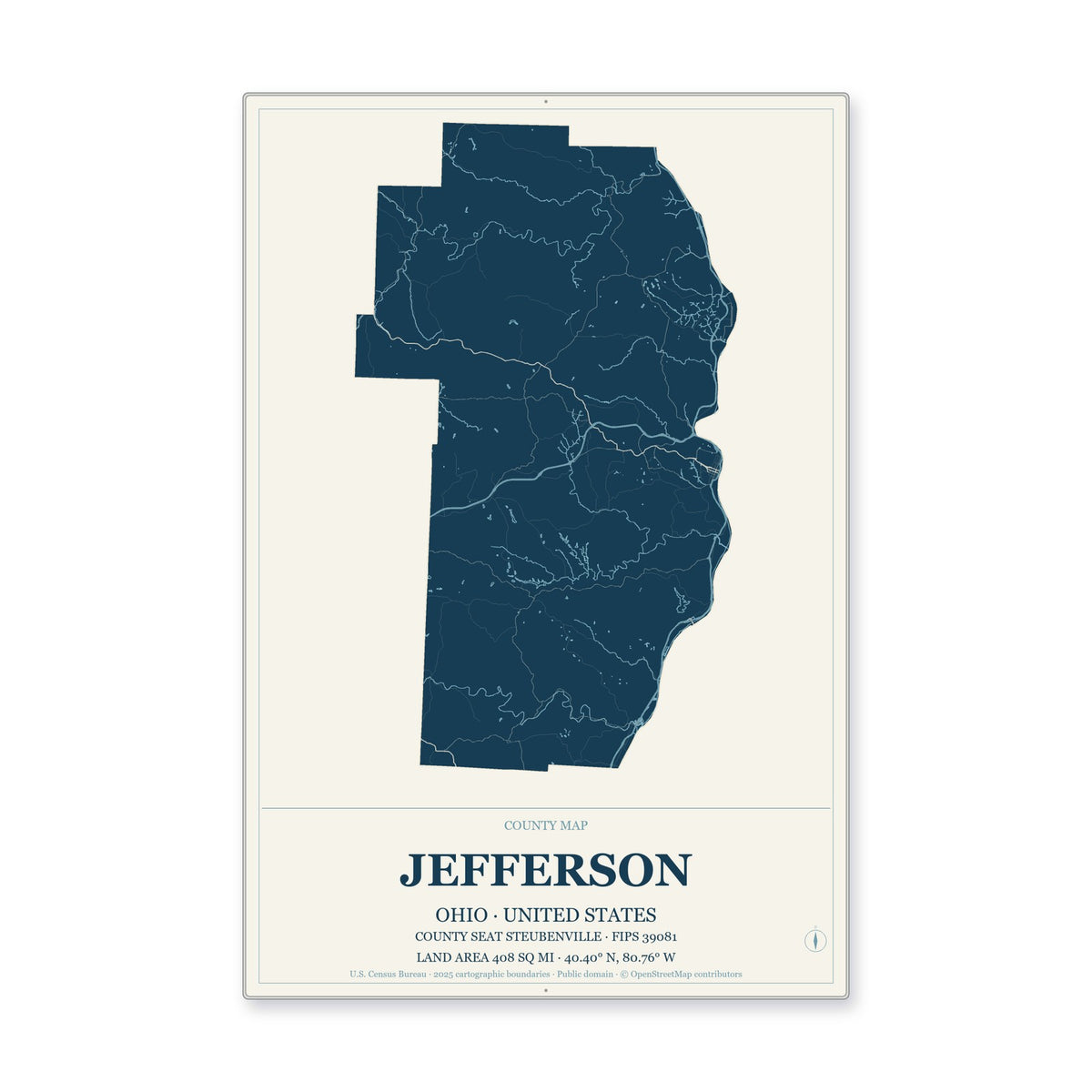 Jefferson County, Ohio Map Aluminum Sign in Coastal Cutout style