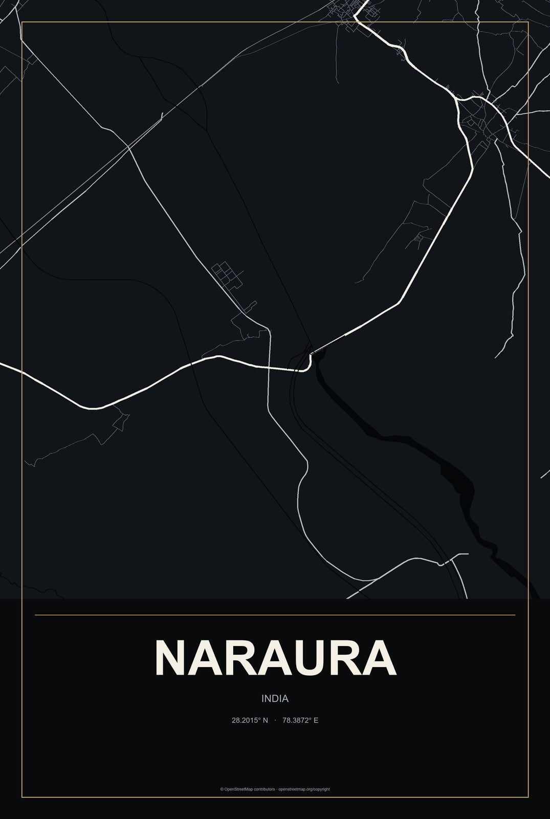 Naraura, India City Map Aluminum Sign in Metropolitan Noir style