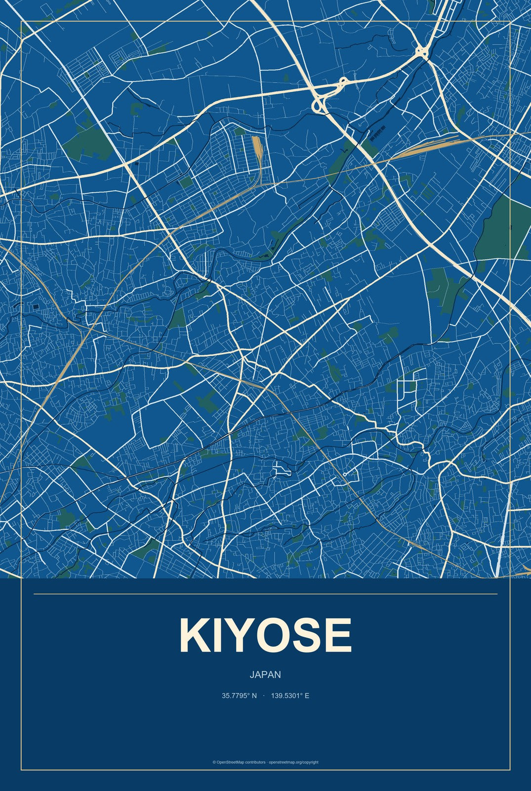 Kiyose, Japan City Map Aluminum Sign in Harbor Cobalt style