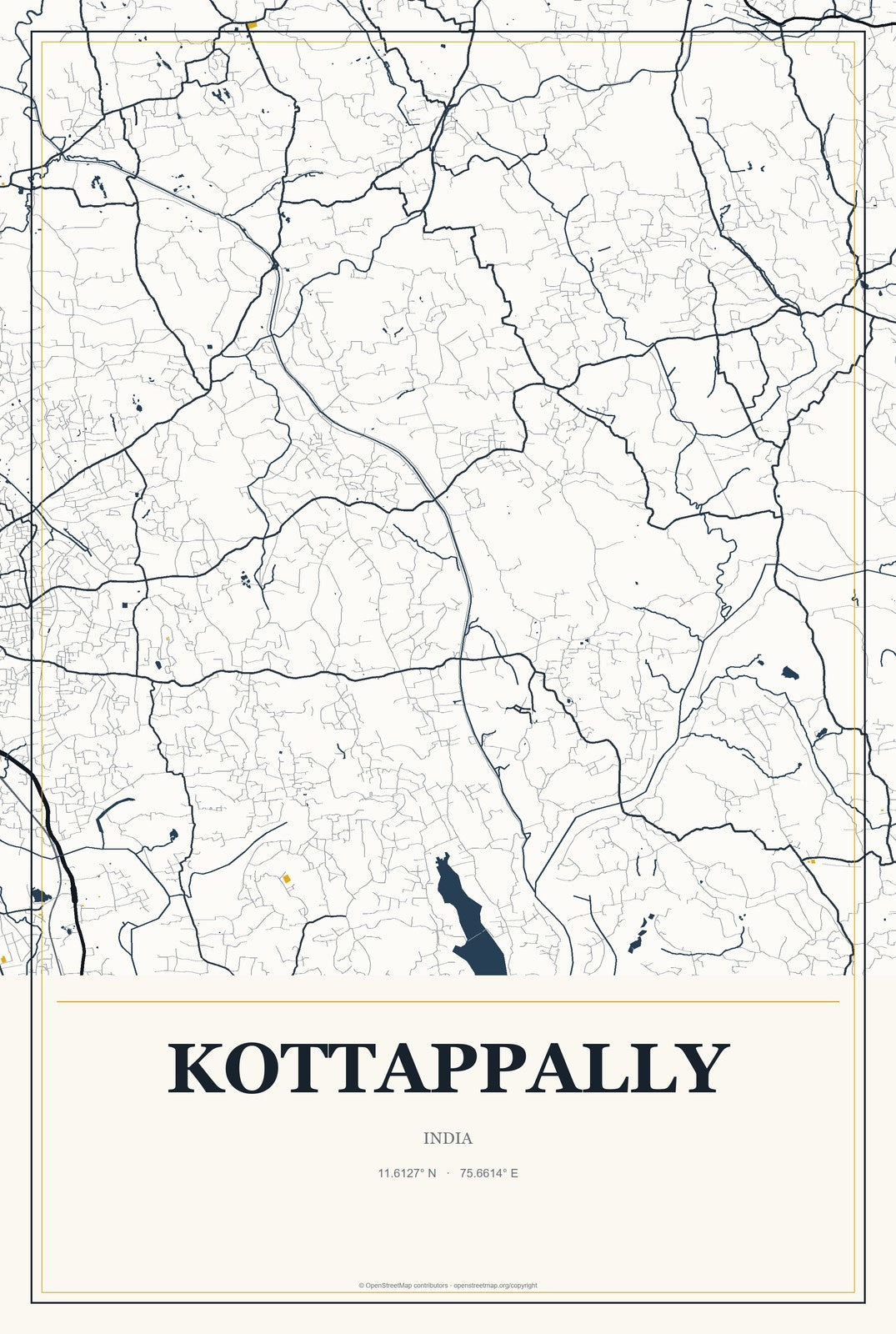 Kottappally, India City Map Aluminum Sign in Citrine Modern style