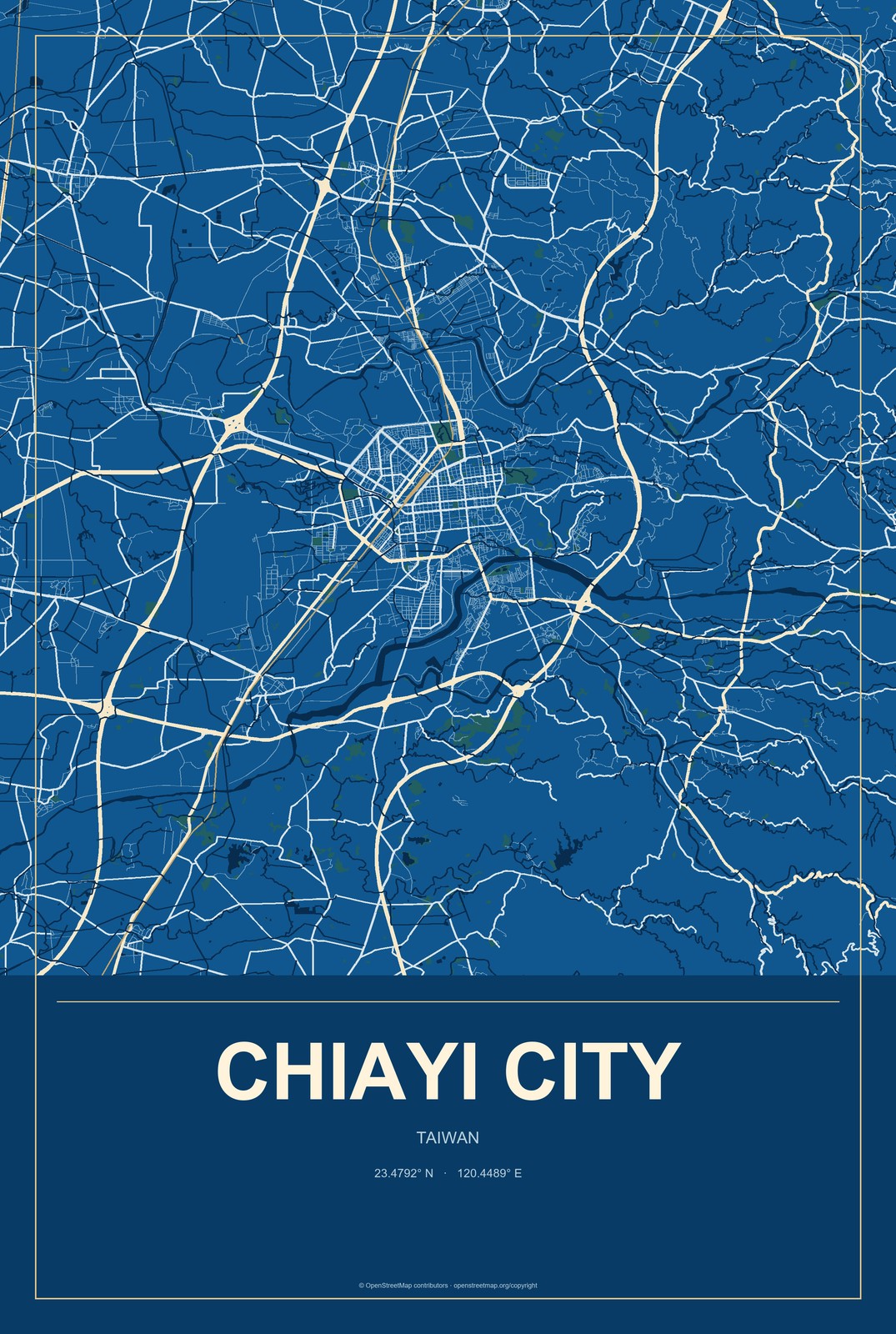 Chiayi City, Taiwan City Map Aluminum Sign in Harbor Cobalt style