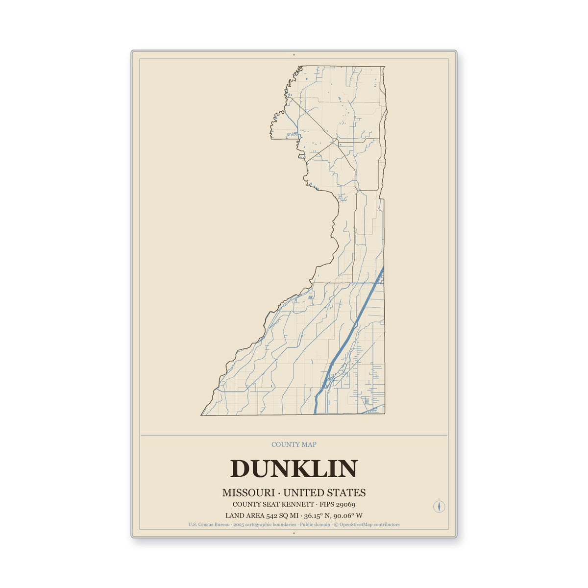 Dunklin County, Missouri Map Aluminum Sign in Heritage Nautical style