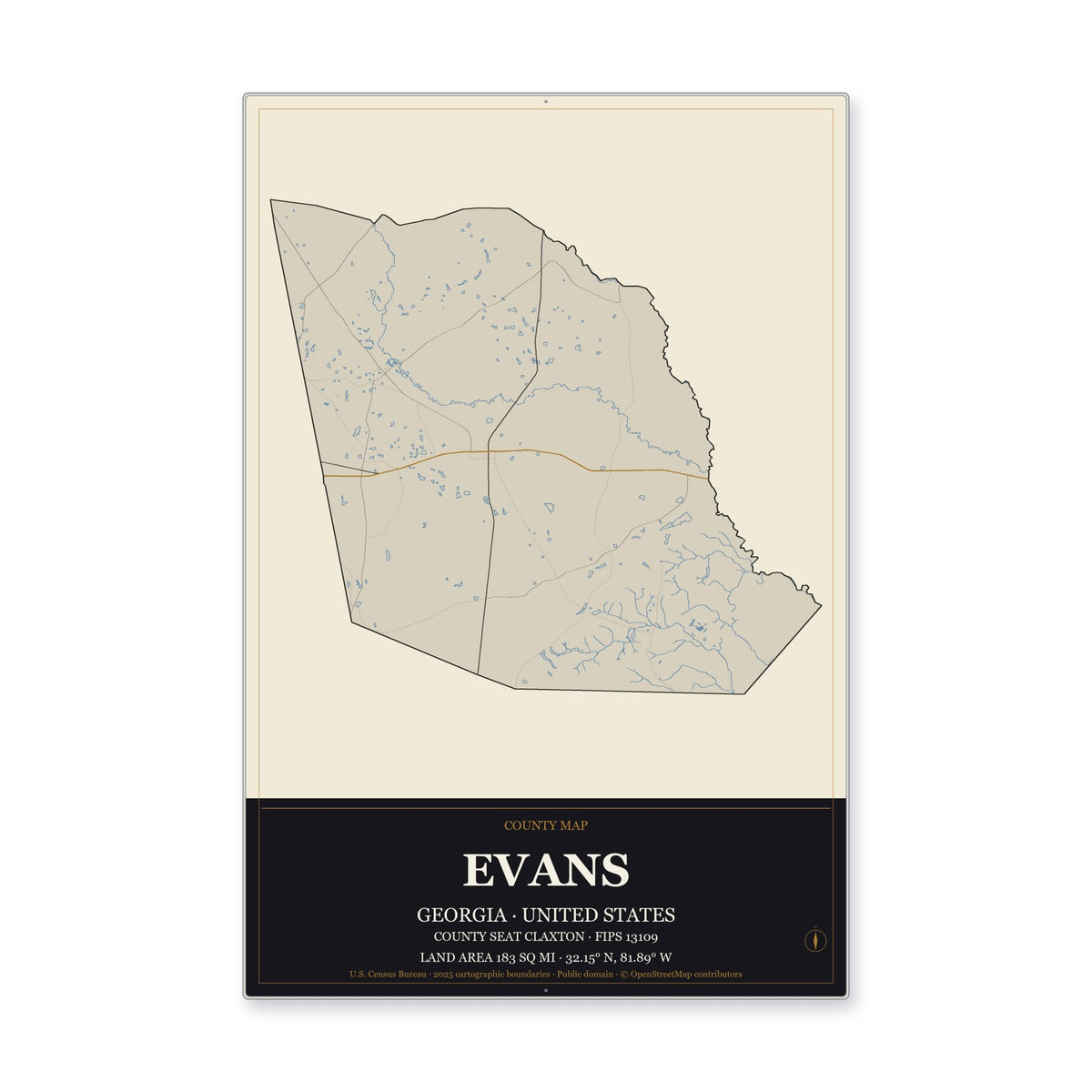 Evans County, Georgia Map Aluminum Sign in Museum Plaque style