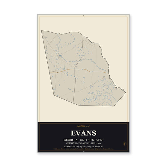 Evans County, Georgia Map Aluminum Sign in Museum Plaque style
