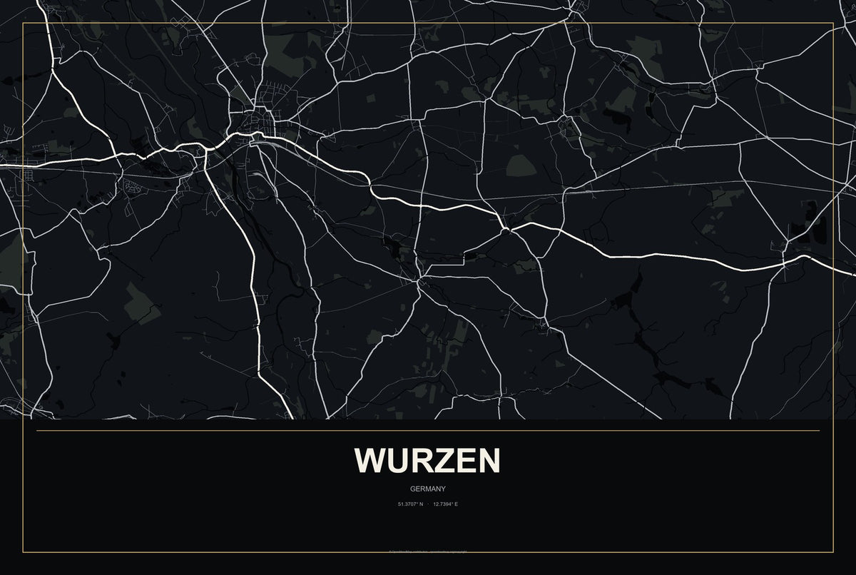 Wurzen, Germany City Map Aluminum Sign in Metropolitan Noir style