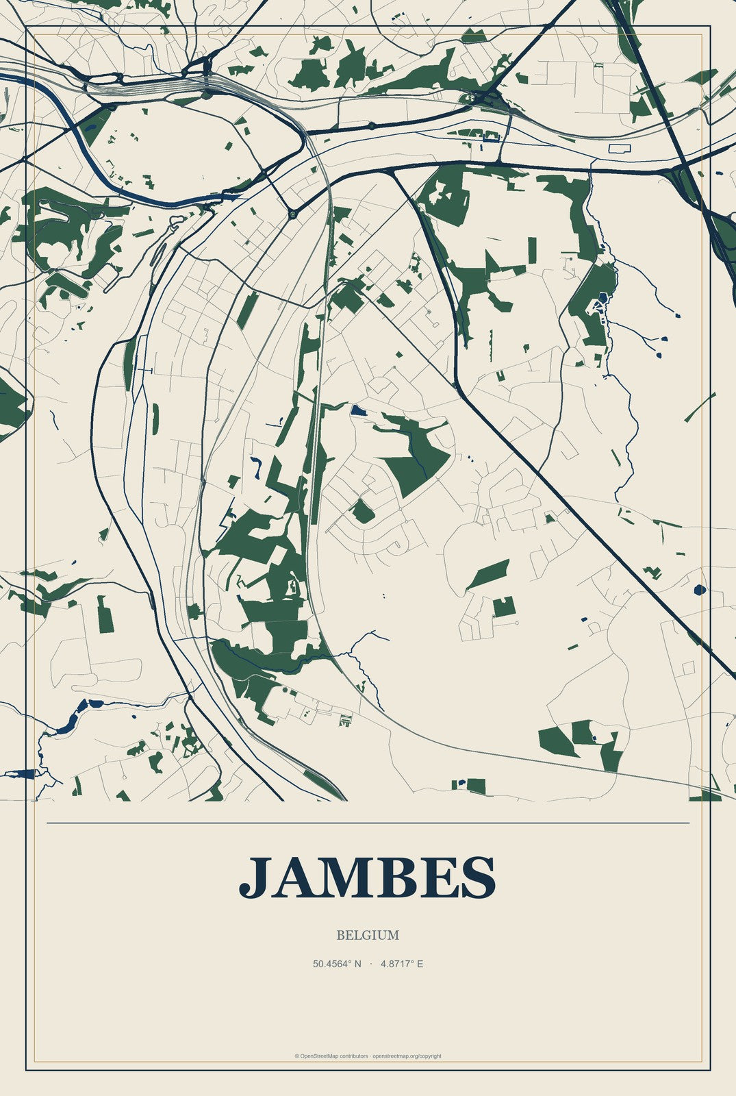 Jambes, Belgium City Map Aluminum Sign in Coastal Cutout style