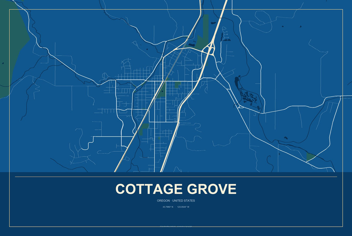Cottage Grove, Oregon City Map Aluminum Sign in Harbor Cobalt style