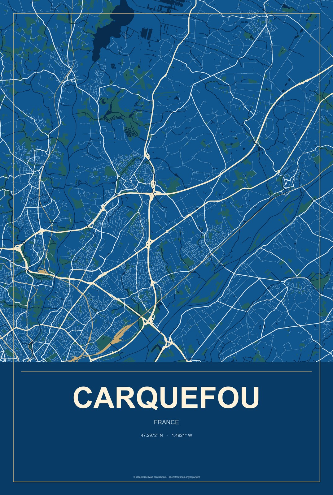 Carquefou, France City Map Aluminum Sign in Harbor Cobalt style