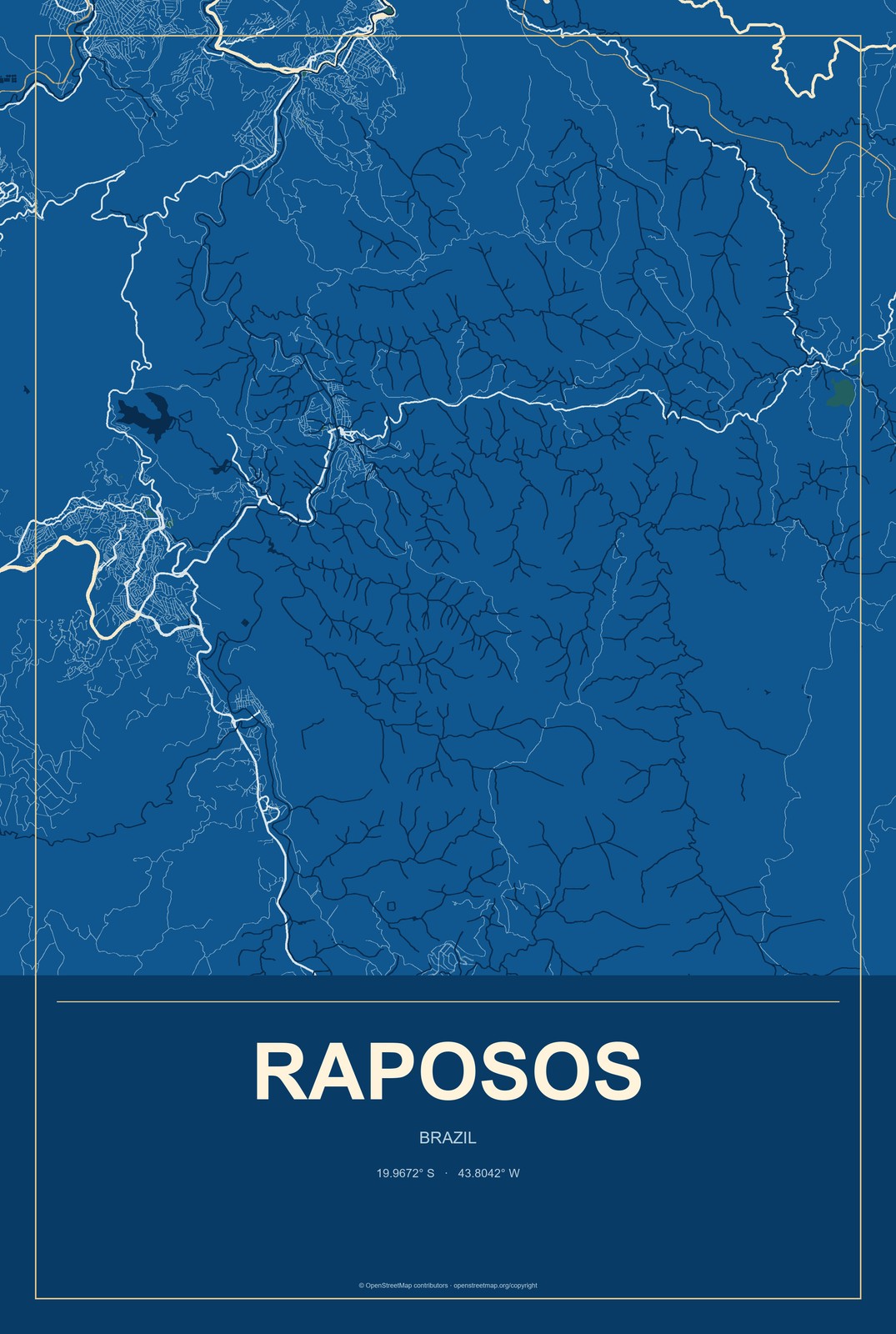 Raposos, Brazil City Map Aluminum Sign in Harbor Cobalt style