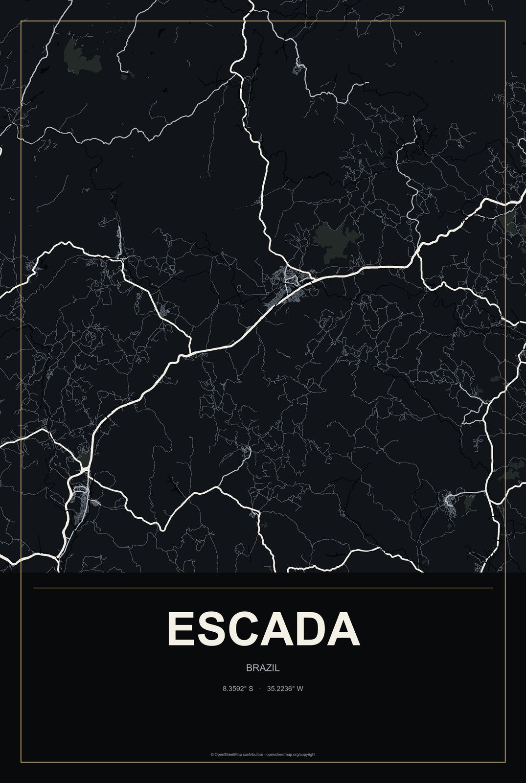 Escada, Brazil City Map Aluminum Sign in Metropolitan Noir style