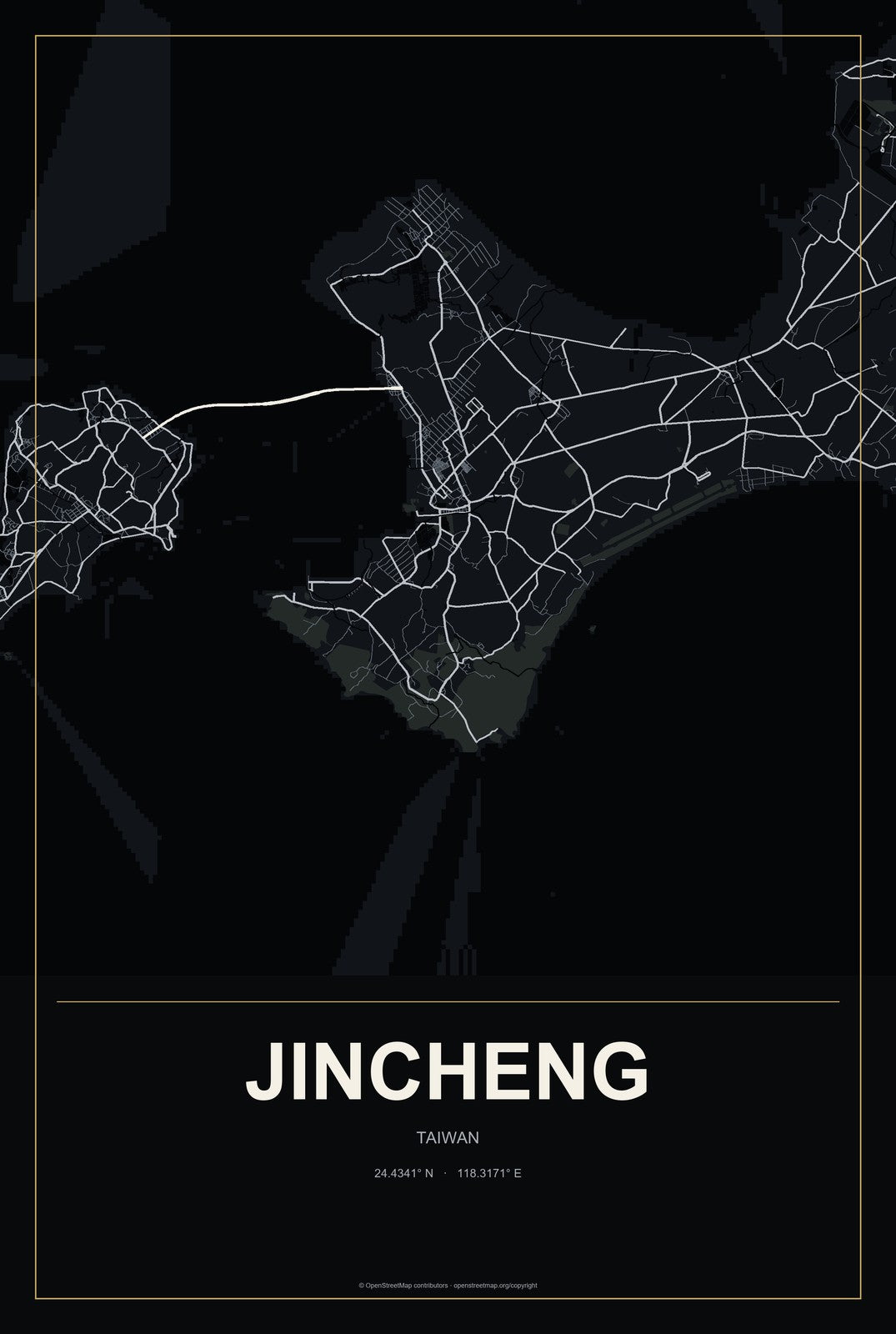 Jincheng, Taiwan City Map Aluminum Sign in Metropolitan Noir style