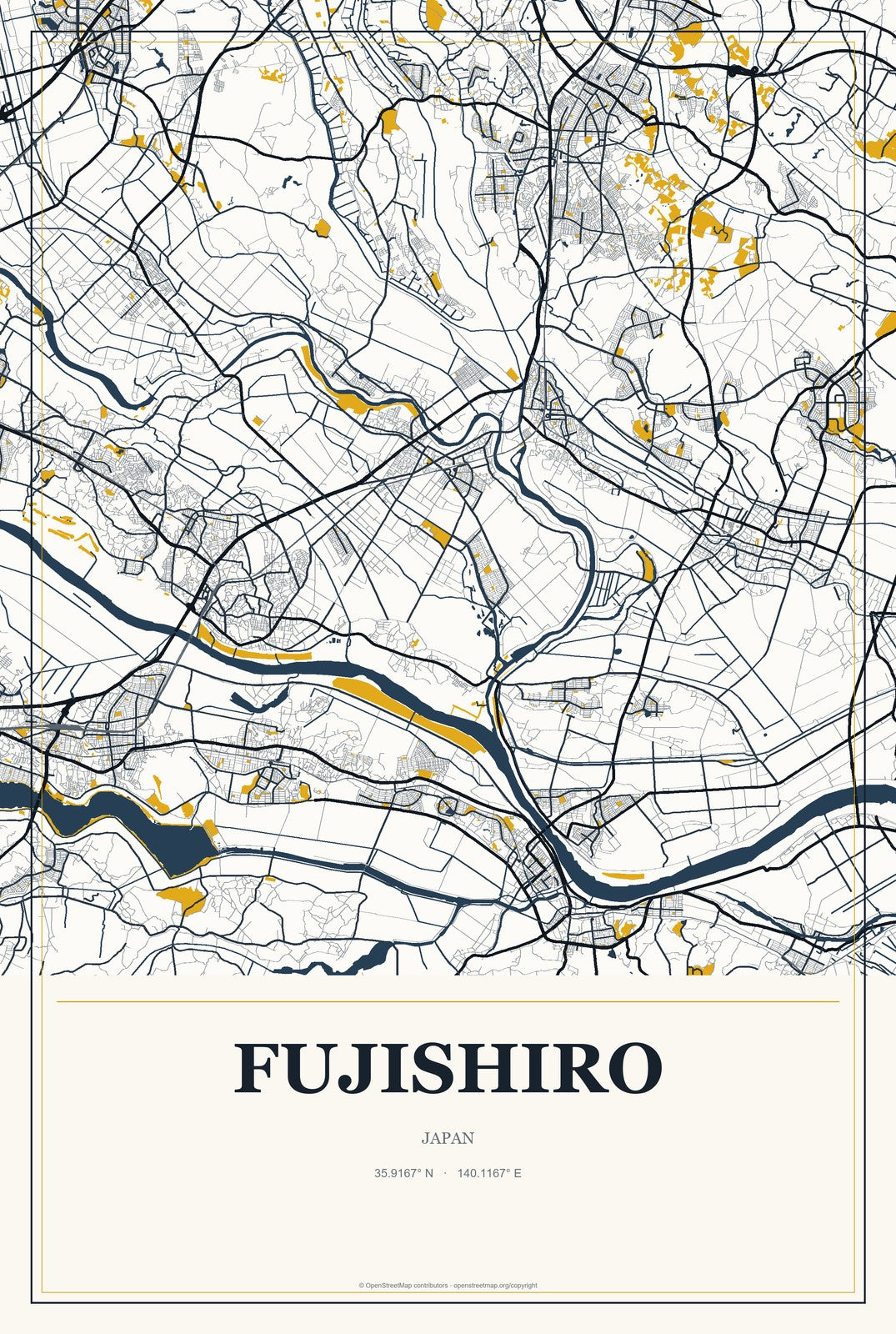 Fujishiro, Japan City Map Aluminum Sign in Citrine Modern style