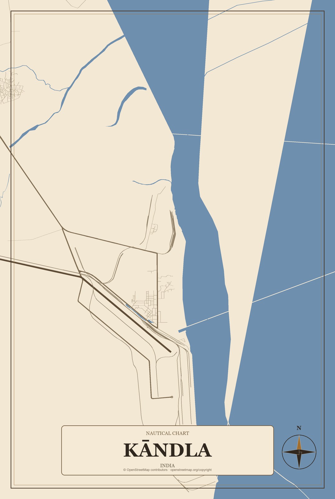 Kāndla, India City Map Aluminum Sign in Heritage Nautical style