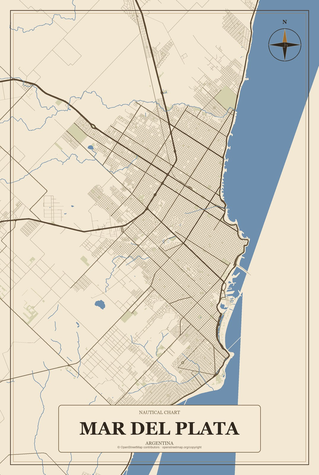 Mar del Plata, Argentina City Map Aluminum Sign in Heritage Nautical style