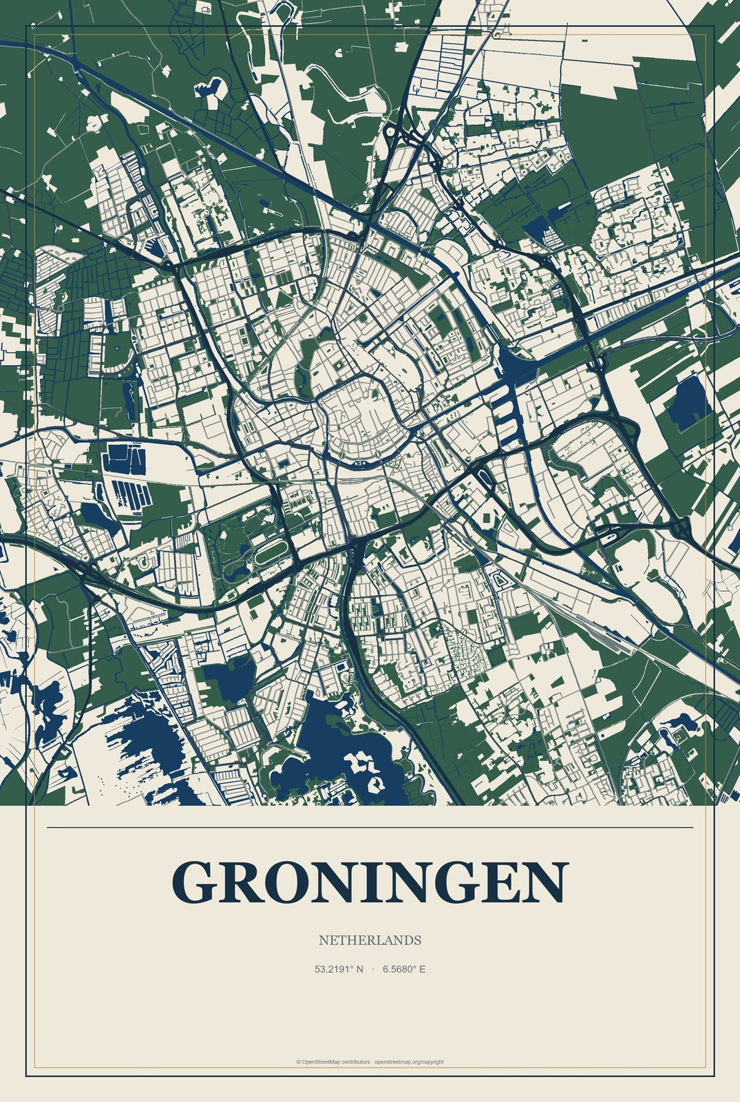 Groningen, Netherlands City Map Aluminum Sign in Coastal Cutout style