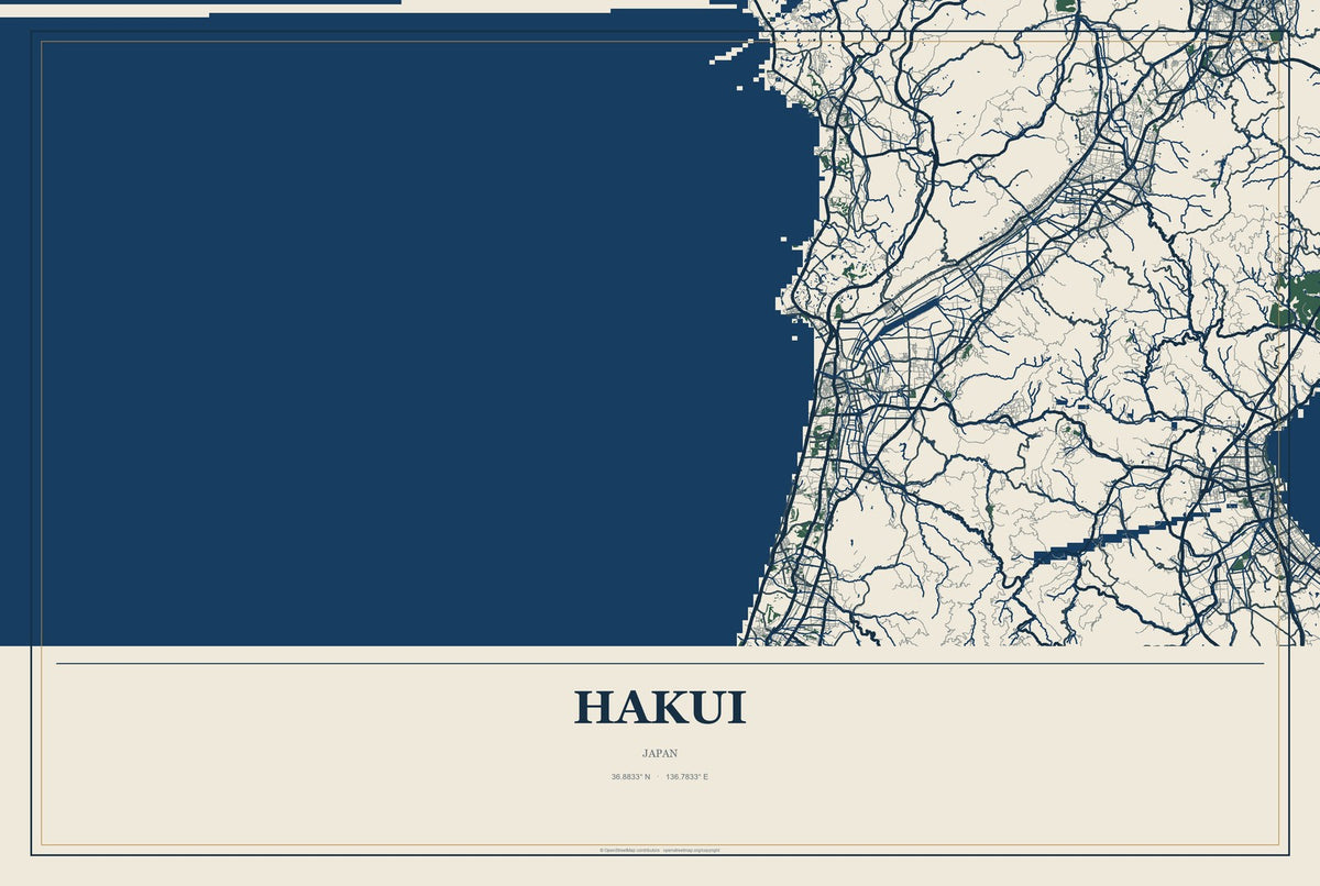 Hakui, Japan City Map Aluminum Sign in Coastal Cutout style