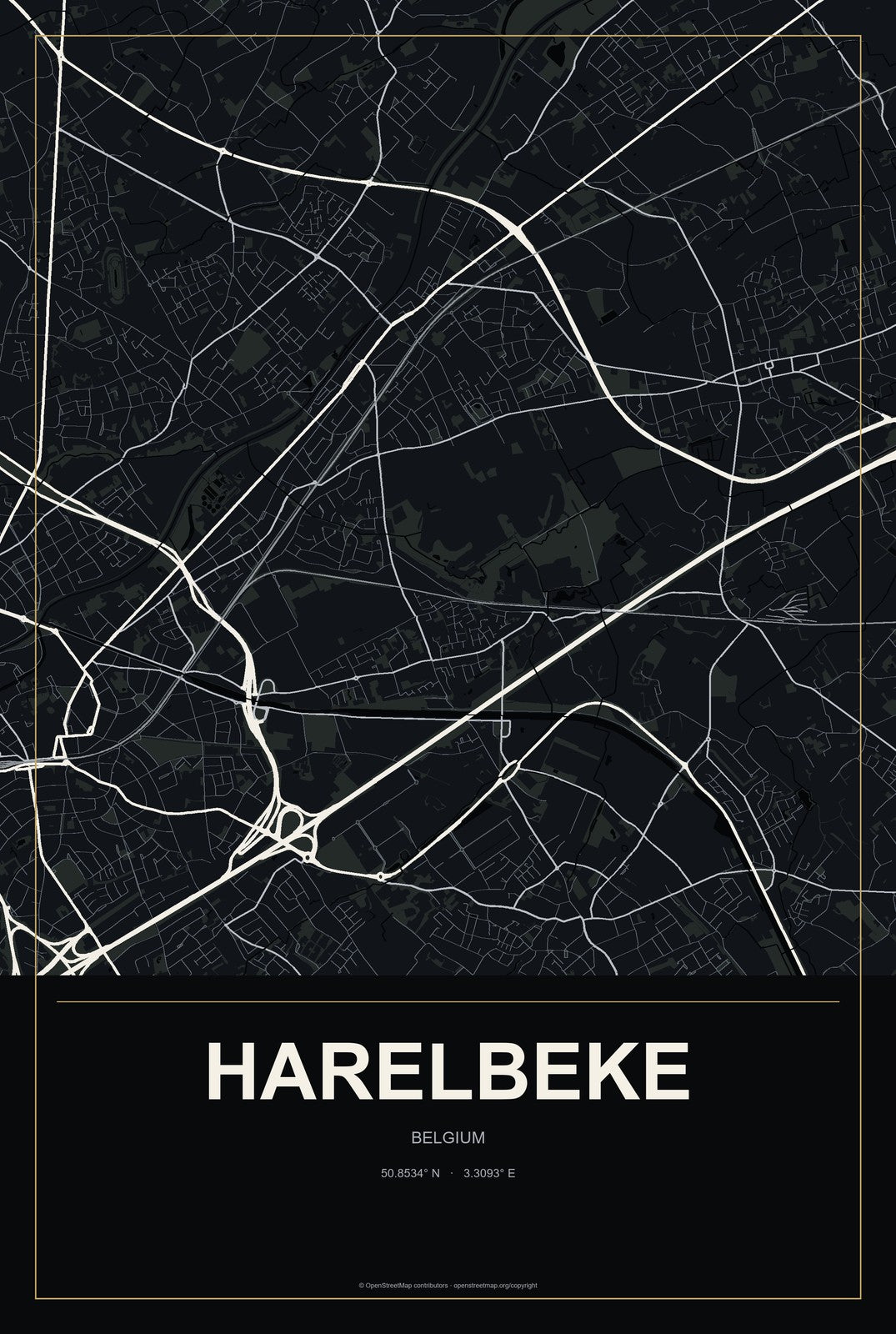 Harelbeke, Belgium City Map Aluminum Sign in Metropolitan Noir style