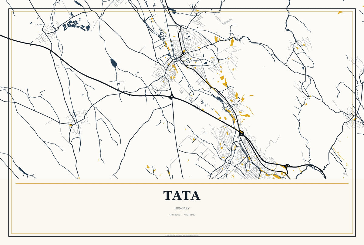 Tata, Hungary City Map Aluminum Sign in Citrine Modern style