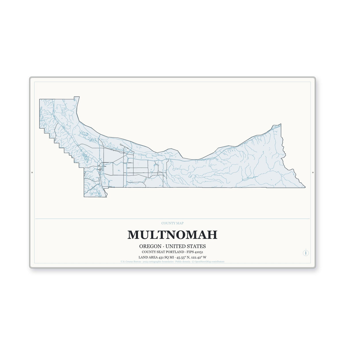 Multnomah County, Oregon Map Aluminum Sign in Gallery Air style