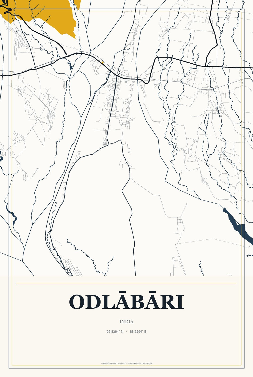 Odlābāri, India City Map Aluminum Sign in Citrine Modern style