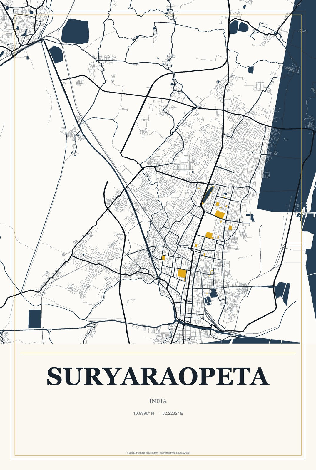 Suryaraopeta, India City Map Aluminum Sign in Citrine Modern style