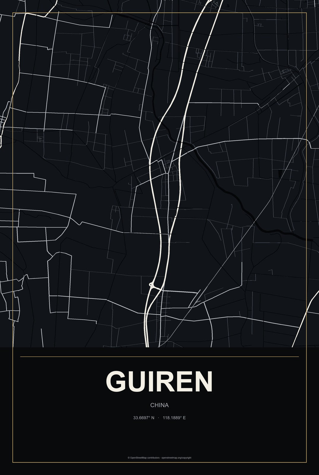 Guiren, China City Map Aluminum Sign in Metropolitan Noir style