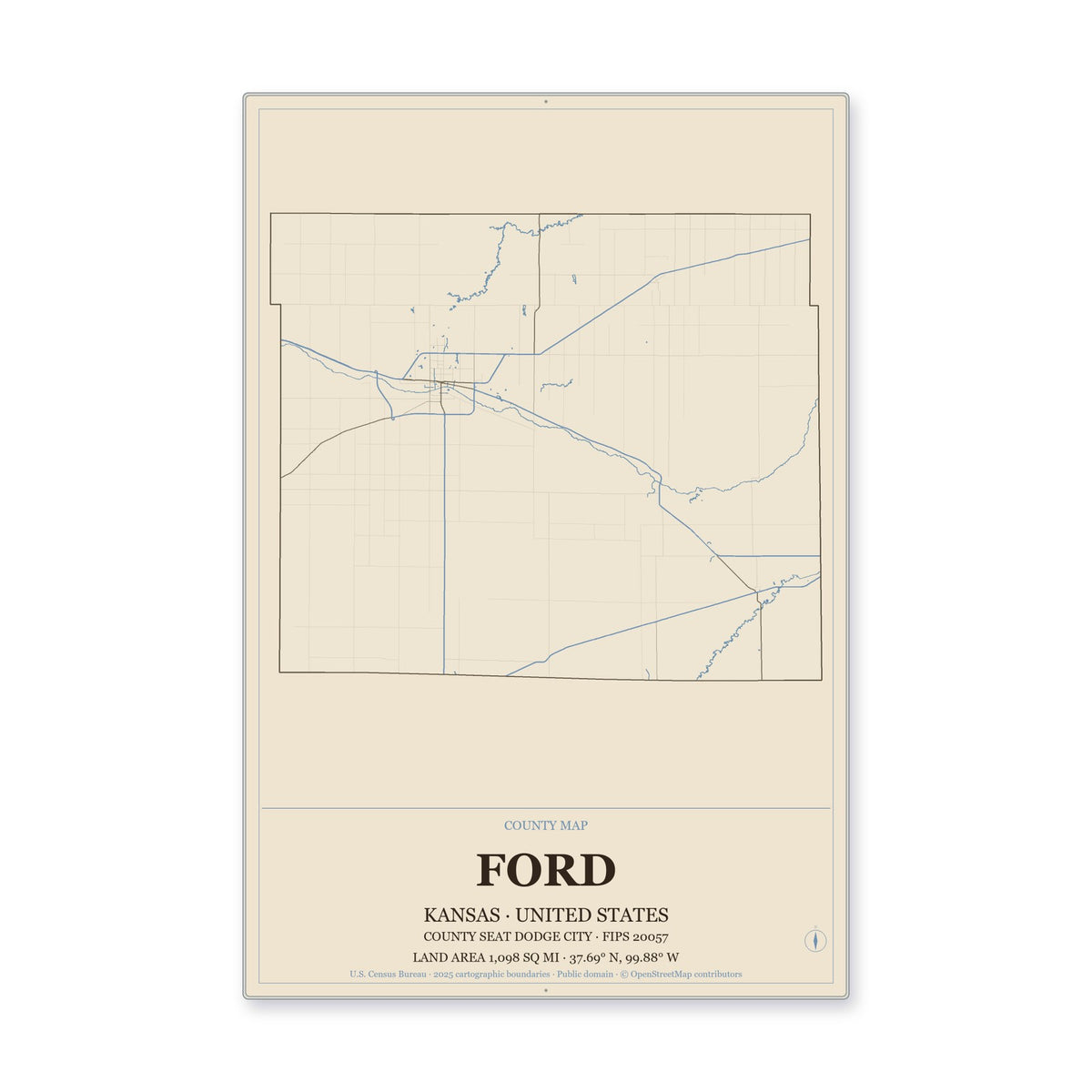 Ford County, Kansas Map Aluminum Sign in Heritage Nautical style