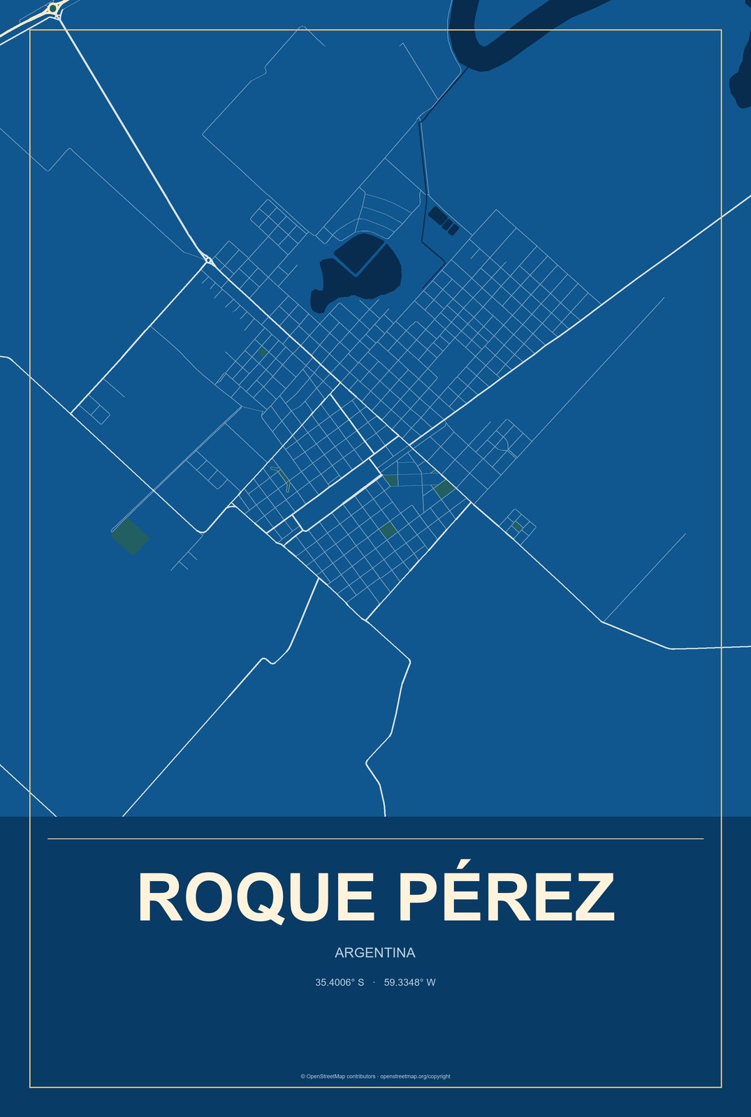 Roque Pérez, Argentina City Map Aluminum Sign in Harbor Cobalt style