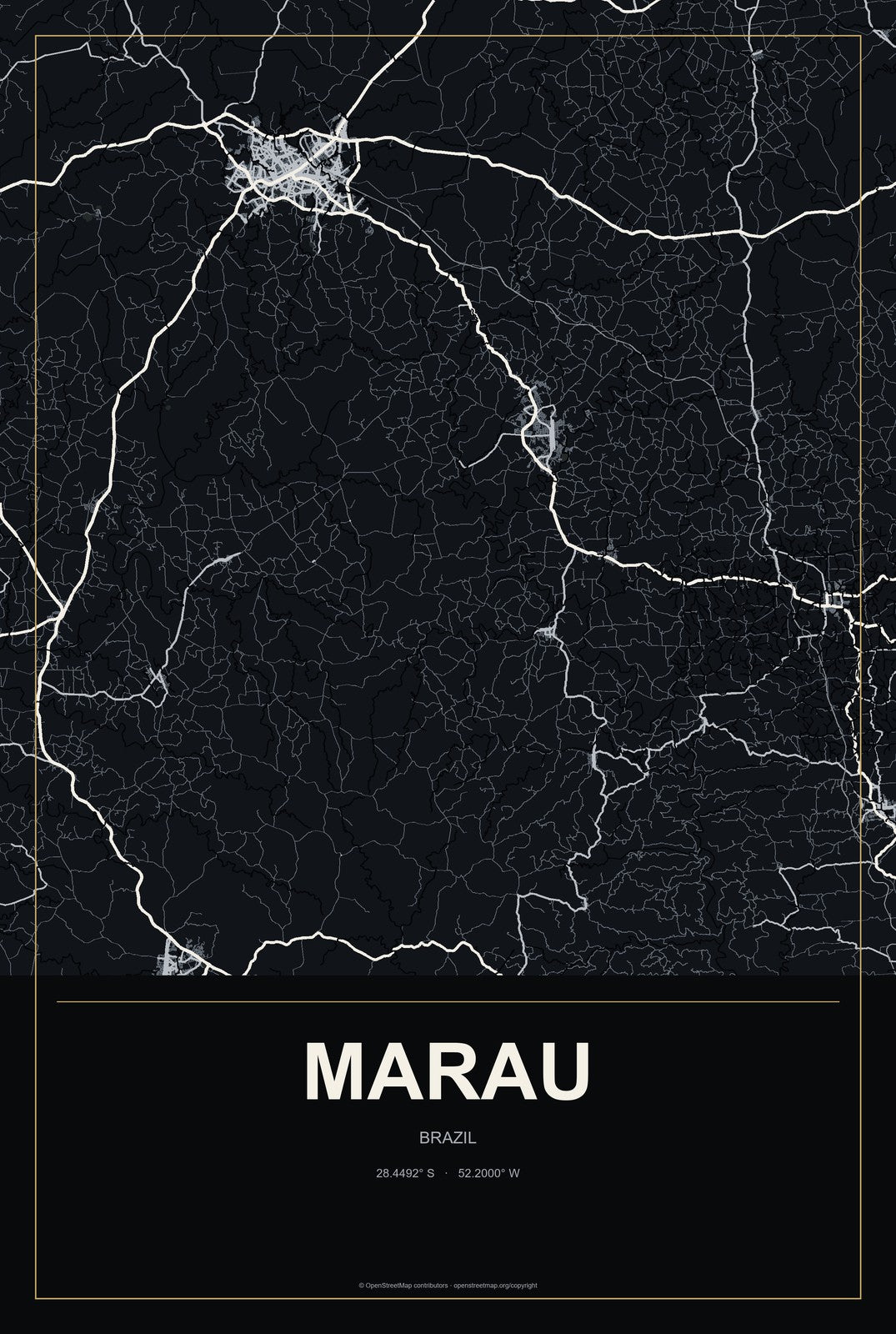Marau, Brazil City Map Aluminum Sign in Metropolitan Noir style